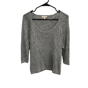 Eileen Fisher 3/4 Sleeve Pullover Sweater Gray Sz Medium Metallic Linen Blend
